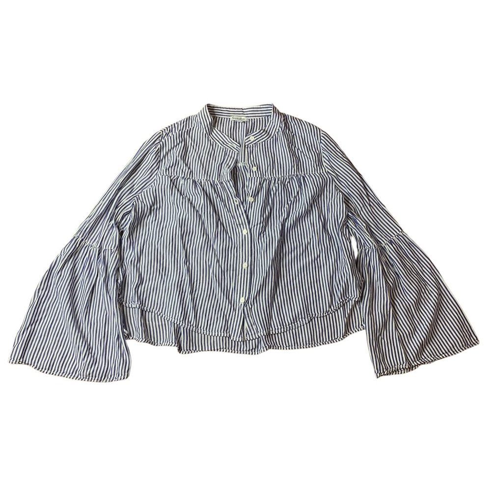 love, fire Blue & White Striped Bell Sleeve Button Down Top - Size M